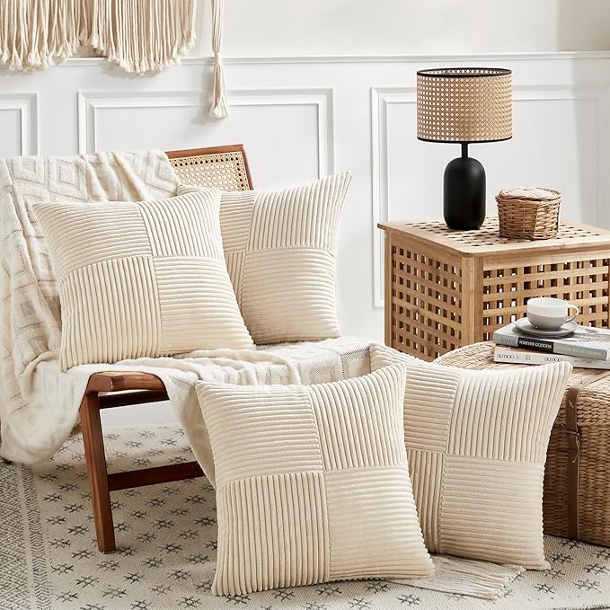 Fancy Homi 4 Packs Tan Decorative Throw Pillow Covers 20x20 Inch for Living Room Couch Bed Sofa, Farmhouse Boho Home Decor, Soft Cross Corduroy Patchwork Accent Square Beige Cushion Case 50x50 cm