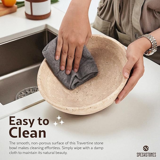 Marble Fruit Bowl 10 Inch Handmade Large Decorative Bowl for kitchen Counter - Modern Travertine Serving Dish for Fruits & Snacks - Pedestal Bowls for Dining Room & Coffee Table Decor