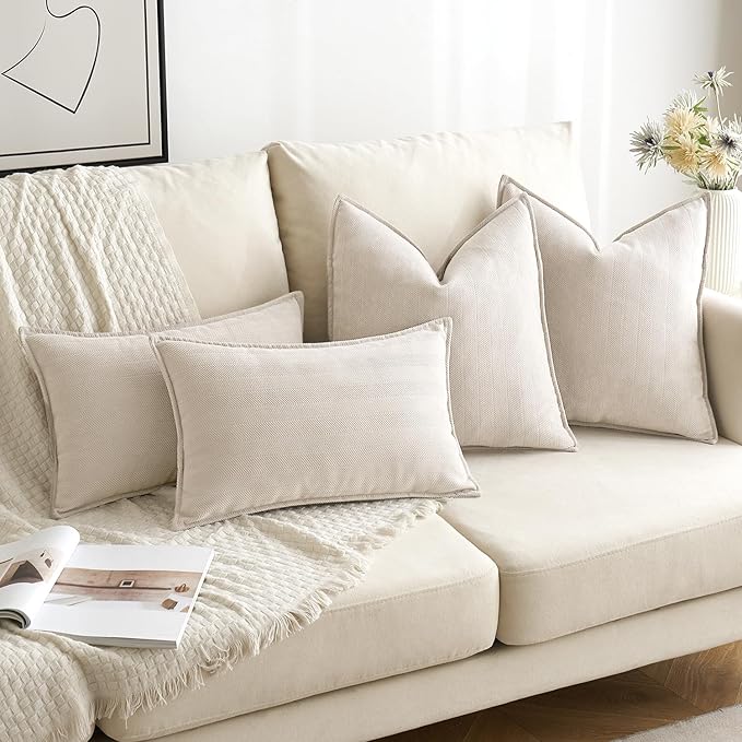 MIULEE Pack of 2 Cream Beige Decorative Pillow Covers 18x18 Inch Soft Chenille Luxurious Couch Throw Pillows Farmhouse Cushion Covers with Elegant Design for Sofa Bedroom Living Room Home Decor