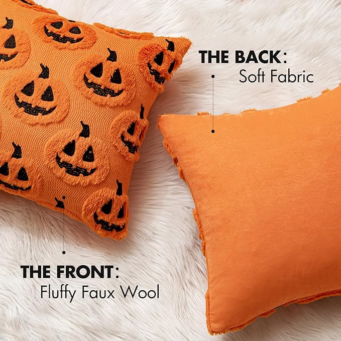 MIULEE Fall Halloween Throw Pillow Covers 18x18 Decorative Pumpkin Pattern Pillowcases Soft Plush Faux Wool Cushions for Home Patio Sofa Couch,Orange-Black