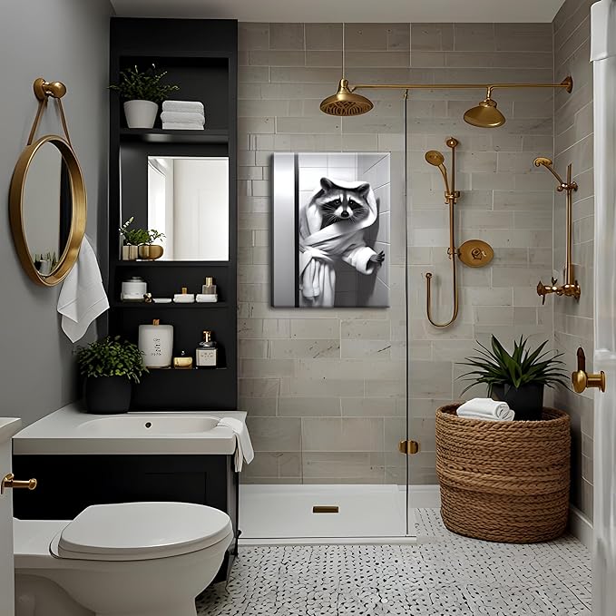 Funny Bathroom Wall Art, Black and White Raccoon Canvas Wall Decor, Adorable Humor Bathroom Animal Decor Picture Paintings Prints, Cute Restroom Toilet Signs 16x24 inch Framed