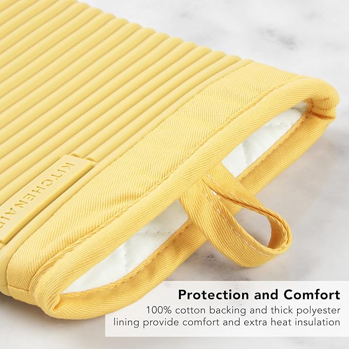 KITCHENAID Ribbed Soft Silicone Oven Mitt 2-Pack Set, 7.5"x13", Butter Yellow