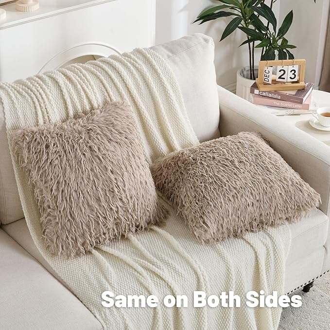 FUTEI Khaki Decorative Throw Pillow Covers 20x20 Inch Set of 2,Soft Fluffy Faux Feather Texture Cushion Cases,Modern Home Luxury Decor for Couch Bed Living Room