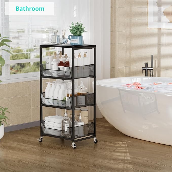 HapiRm Fruit Basket Kitchen Cart - 4-Tier Rolling Storage Cart with Wheels, Fruit Vegetable Basket with Wood Top, Pantry Utility Kitchen Organizer for Fruit Potato Onion Vegetable Bread Snack