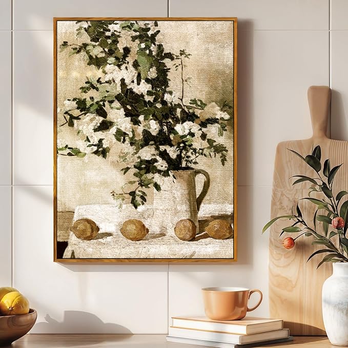 crmotu Vintage Framed Wall Art, Still Life Floral Kitchen Decorations Painting, Lemons and Flowers Canvas Botanical Prints, Retro Wall Pictures for Bedroom Bathroom Farmhouse Office Desktop 8x10in