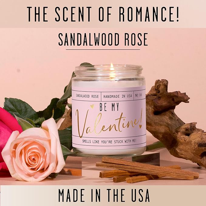 Valentines Day Gifts for Her, Valentine Candles, Valentines Gift for Girlfriend -"Will You Be My Valentine" Candle, w/Sandalwood & Red Roses I Valentines Gifts for Wife I 9oz, 50Hr Burn, USA Made