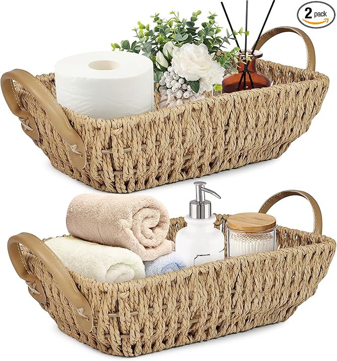 Paper Rope Woven Toilet Paper Basket, Small Wicker Storage Baskets for Organizing with Handles, Bedroom Decor Baskets Toilet Tank Shelf Storage Bins (Set of 2, Natural)