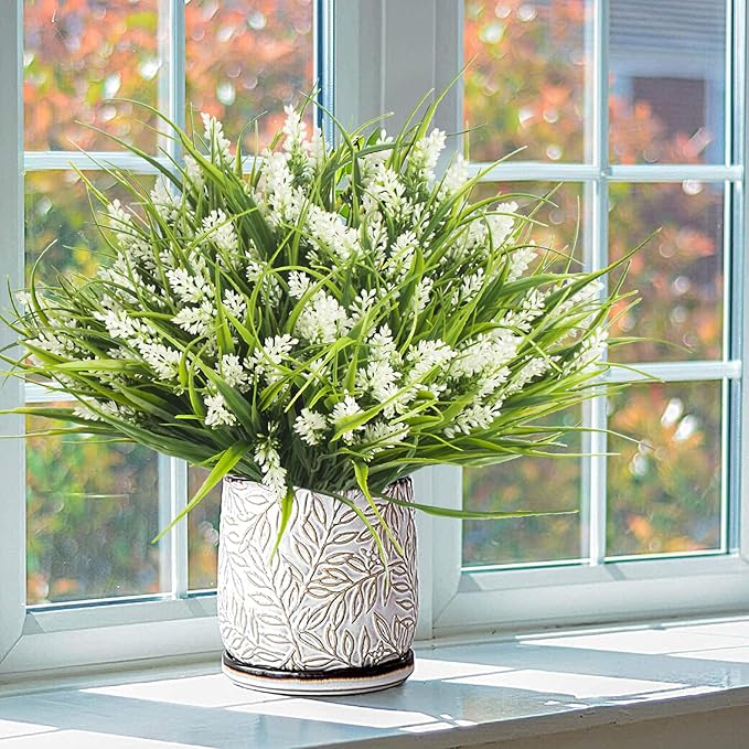 20 Bundles Artificial Plants Outdoor Fake Monkey Grass with Flowers (White)