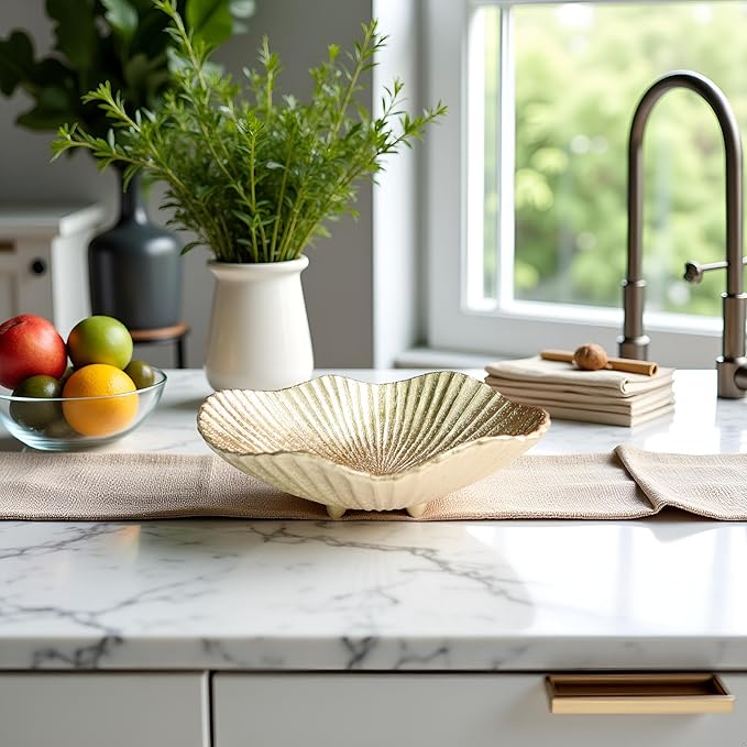 Large Decorative Bowl decor, Scalloped Pedestal Bowls,Modern Home Decor,Ruffle Decor,Stylish Key Bowl for Entry Table,Decorative Fruit Bowl for Kitchen Counter, Golden