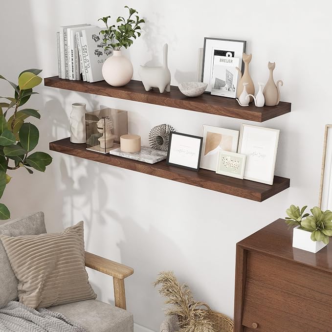 55 Inch Floating Shelves Set of 2, Rustic 55 x 9.3 Floating Shelf for Wall, 9.3 Inch Deep Wall Shelves Invisible Bracket, Large Deep Shelving for Bedroom, Kicten, Living Room, Walnut Color