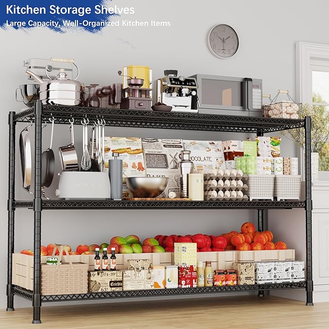Heavy Duty Shelving, 47.6" H Garage Shelving Unit with Leveling Feet, 3-Tier Adjustable Garage Storage Shelves Metal Rack, Industrial Shelving for Warehaouse Storage, 60" W x 24" D x 47.6" H, Black