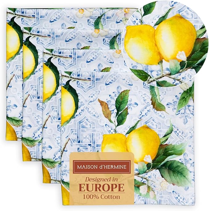 Maison d' Hermine Cloth Napkins Set of 4 100% Cotton Everyday Reusable Square Napkins Cloth Washable, Dinner, Party, Wedding, Restaurant, Spring/Summer (Citrus, 20" x 20")