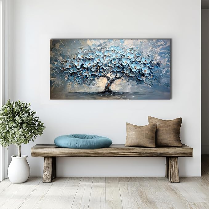 crmotu Tree of Life Large Wall Art for Living Room, Blue Floral Tree Abstract Canvas Prints Aesthetic Pictures, Modern Neutral Wall Decor for Bedroom Bathroom Office, Nature Botanical Decor 24"X48"
