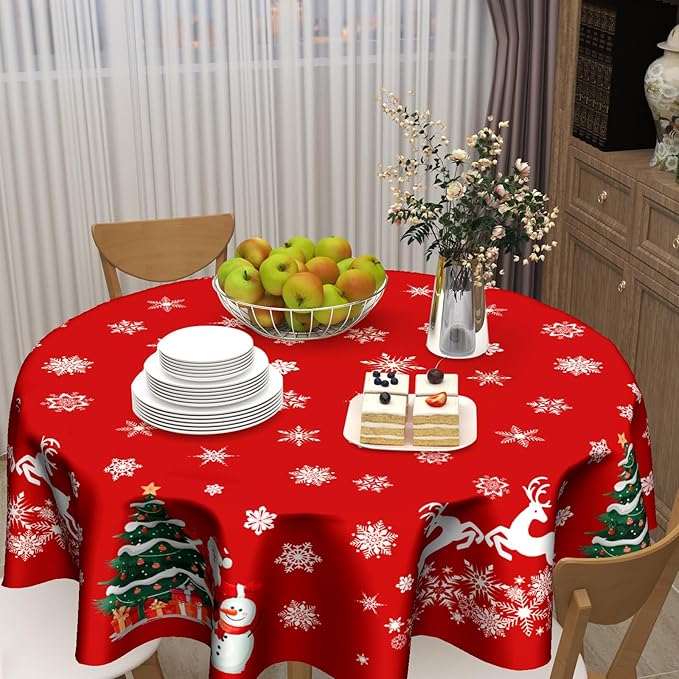 Kawani Christmas Tablecloth Round 60 Inch Xtmas Trees Snowman Decorative Table Cloth Deer Snowflake Winter Round Table Cover Seasonal for Home Kitchen Dining Party Indoor Outdoor Decor