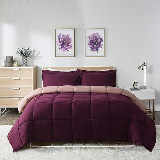 HIG 3pc Plum Queen Comforter Set - All Season Reversible Down Alternative Comforter with Two Shams - Quilted Duvet Insert with Corner Tabs - Box Stitched - Breathable, Soft, Fluffy