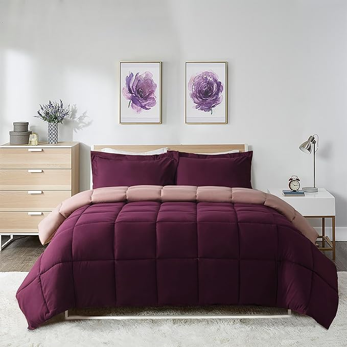 HIG 3pc Plum King Size Comforter Set - All Season Reversible Down Alternative Comforter with Two Shams - Quilted Duvet Insert with Corner Tabs - Box Stitched - Breathable, Soft, Fluffy