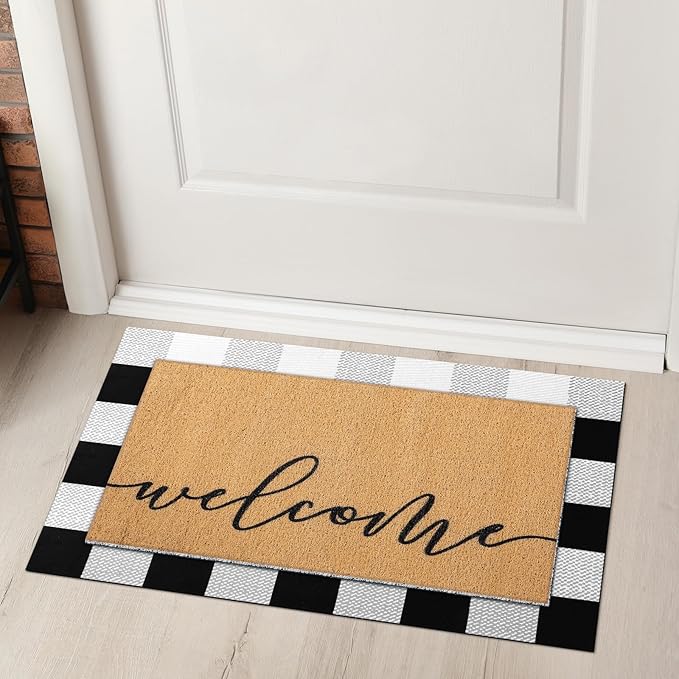 2 Pcs Door Mat Welcome Non Slip Coir Mats Black White Buffalo Plaid Checked Floor Layering Doormats Seasonal for Front Porch Entryway Decor(Welcome)