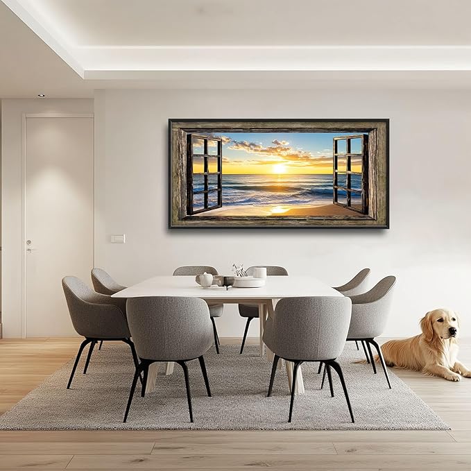 Beach Large Wall Art Sea Coastal Pictures Rustic Window Sunrise Wall Decor Canvas Print Painting Artwork for Bathroom Living Room Bedroom 60L" x 30W"