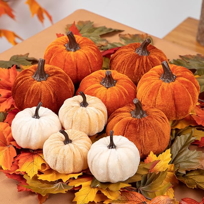 Briful Fall Pumpkins Decoration for Home, 10PCS Assorted Velvet Pumpkins Small Fake Pumpkins for Autumn Harvest Thanksgiving Halloween Party Table Centerpiece Decoration(Beign/Brown/Orange)