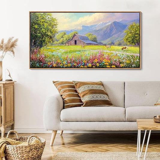 AJAZIKO Rustic Mountain Wall Art - Farmhouse Landscape Wall Decor with Highland Cow & Floral Art - Nature & Country Artwork for Living Room, Bedroom & Walls - Framed Flower Pictures for Home 20x40IN