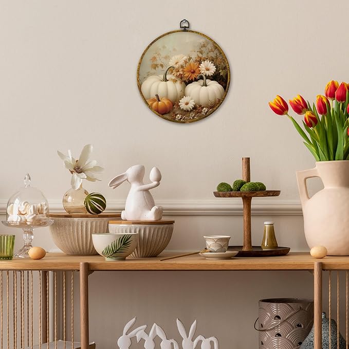 Mcehtle Vintage Fall Pumpkin Wall Art Decor, Retro Autumn Harvest White Pumpkin Floral Framed Canvas Prints 10x10, Rustic Farmhouse Round Wall Hanging Artwork Decorations for Bedroom Living Room Home