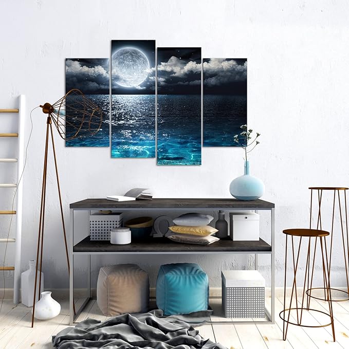 Saypeacher Full Moon Canvas Wall Art Ocean and Moon Photo Pictures Prints Night Sky Landscape Painting