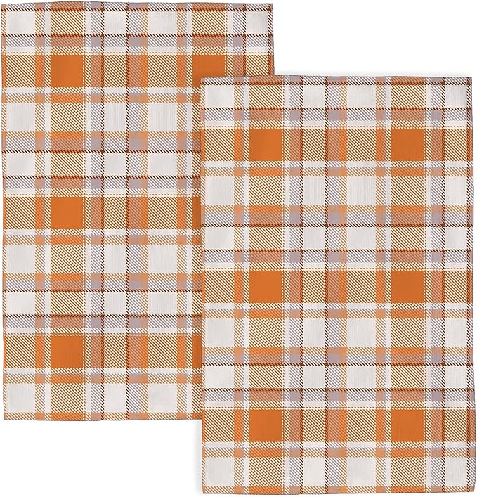 Fall Kitchen Towels 16x24 Inch Burnt Orange Buffalo Plaid Decor Dish Towels Autumn Harvest Thanksgiving Seasonal Decoration Hand Towel Absorbent Dish Cloths for Home Kitchen Dining Set of 2
