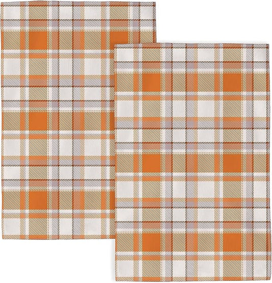 Fall Kitchen Towels 16x24 Inch Burnt Orange Buffalo Plaid Decor Dish Towels Autumn Harvest Thanksgiving Seasonal Decoration Hand Towel Absorbent Dish Cloths for Home Kitchen Dining Set of 2