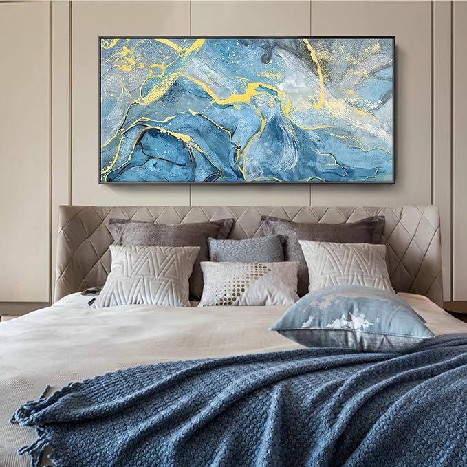Large Black Framed Wall Art for Living Room Blue Abstract Seascape Canvas Print Modern Ocean Beach Theme Coastal Landscape Fluid Texture Painting Seaside Artwork Office Decor 30x60inch