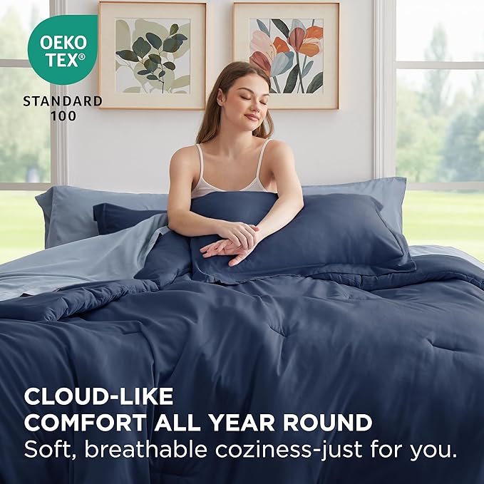 Bedsure Full Size Comforter Set - 7 Pieces Navy Full Bedding Set for All Seasons, Boho Contrasting Design Bed in a Bag with Comforter, Sheets, Pillowcases & Shams