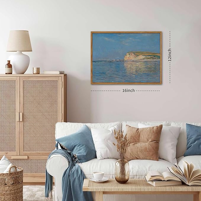 Framed Monet Coastal Wall Art Decor – Impressionist Beach Oil Painting Canvas Prints – Vintage Beachy Landscape Classic Aesthetic Wall Decor for Living Room Bedroom Bathroom – 12"x16"