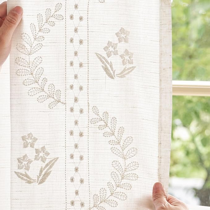 jinchan Belrose Linen Curtains for Bedroom Floral Curtains 63 Inch Length Linen Blend White Embroidered Drapes Farmhouse Flower Patterned Drapes for Living Room Window Treatments Set 2 Panels
