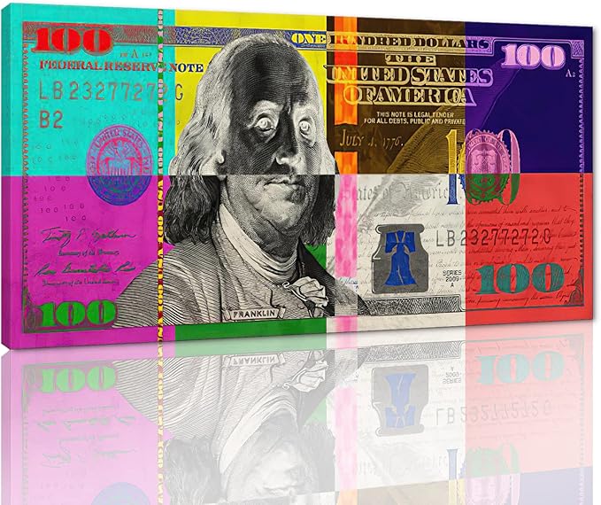 Yatsen Bridge Vivid Colorful 100 USD Artwork Abstract Creative Benjamin Franklin 100 Dollar Bill Color Blocks Canvas Paintings Wall Art HD Print Modern Home Office Decor Gallery Wrapped Easy to Hang