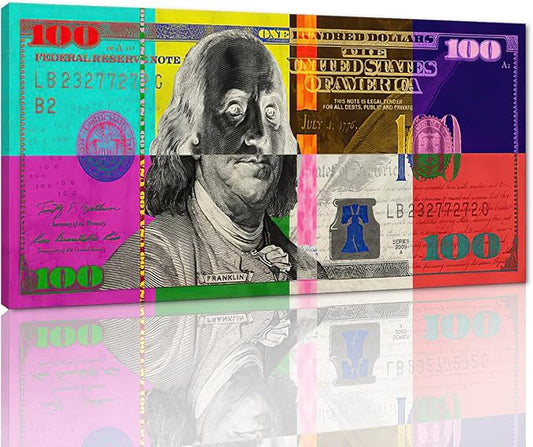 Yatsen Bridge Vivid Colorful 100 USD Artwork Abstract Creative Benjamin Franklin 100 Dollar Bill Color Blocks Canvas Paintings Wall Art HD Print Modern Home Office Decor Gallery Wrapped Easy to Hang