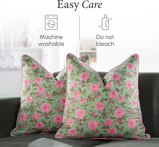 CPC 100% Cotton Throw Pillow Covers 20x20 Inch, Set of 2 Pink Block Print Pattern Couch Pillow, Cute Boho Decorative Pillows for Living Room, Bedroom with Hidden Zipper- Pink Tourmaline