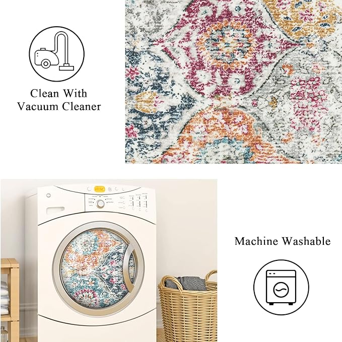 Lahome Moroccan Trellis Washable Small Area Rug, 3x5 Black Rug for Bedroom Living Room, Non-Slip Oriental Accent Throw Carpet for Kitchen Office Entryway Bathroom Office, Aqua/Multi