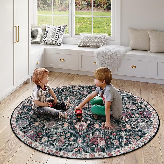 Lahome Moroccan Trellis Round Area Rugs, Washable Small Round Rug 3ft Non-Slip, Soft Vintage Ultra-Thin Circle Carpet for Bedroom Entryway Kitchen Laundry Bathroom, Black/Multi