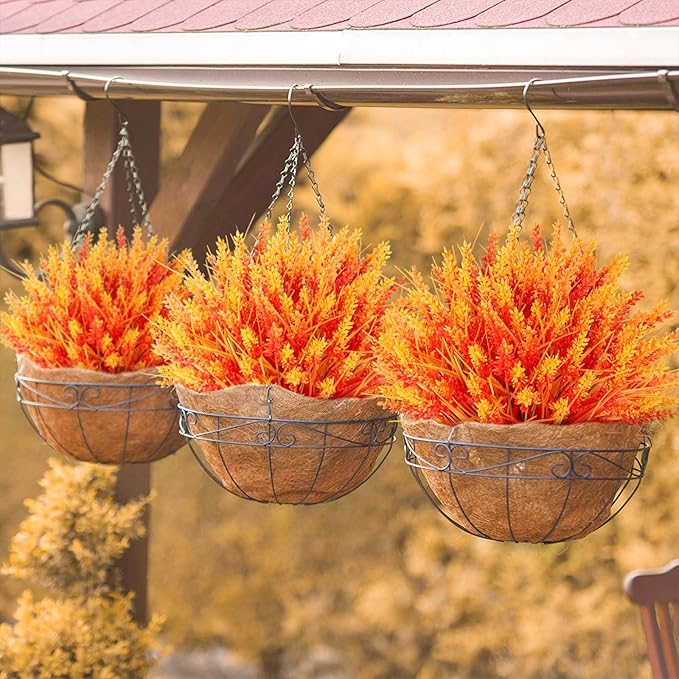 N&T NIETING 6 Bundles Artificial Fall Plants Outdoor Fake Monkey Grass with Lavenders Flowers for Pot Garden Verandah Decor for Thanksgiving Autumn Weddings Patio Hanging Planter Front Porch (Orange)