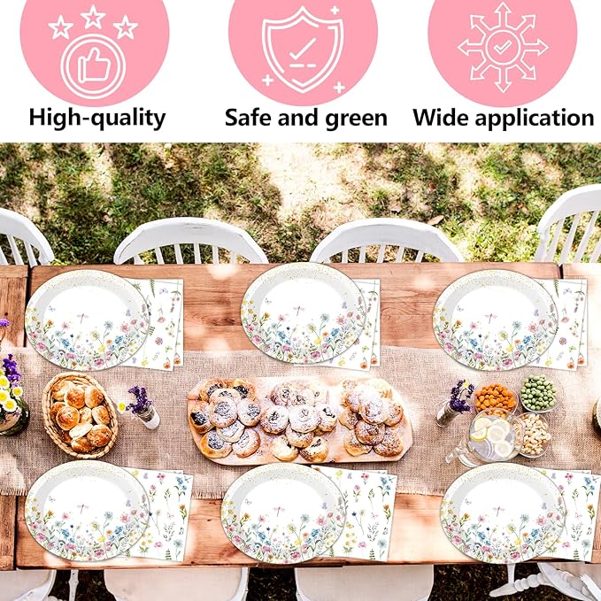 Wildflower Oval Plates and Napkins Floral Paper Platters Disposable Flower Party Tableware Decor Heavy Duty Dish Tray for Holiday Picnic Wedding Bridal Baby Shower Party Celebration,25 Guest