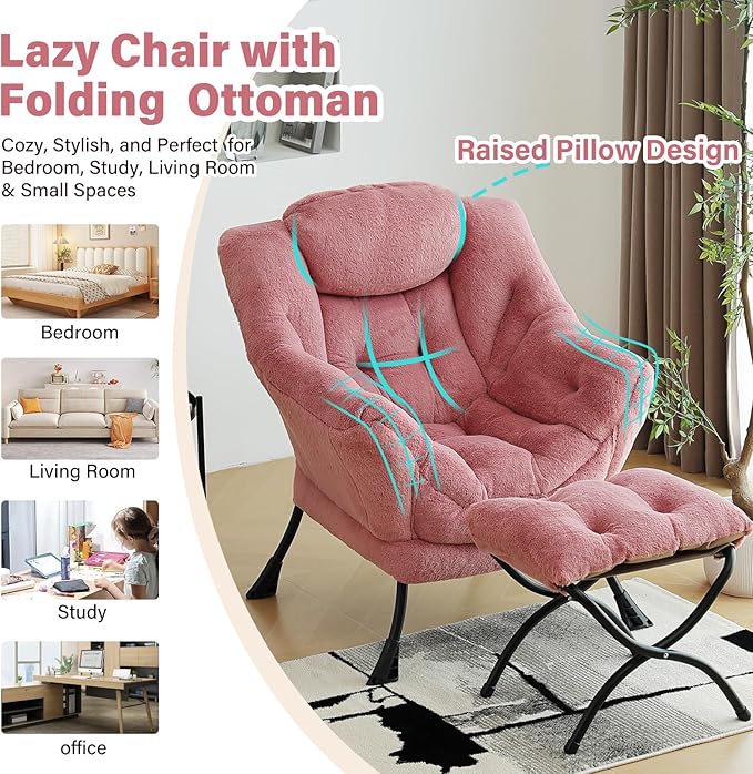 Lazy Chair with Ottoman, Modern Chair with Folding Footrest, Lounge Accent Chair, Comfortable Reading Chair (Plush Dark Pink)