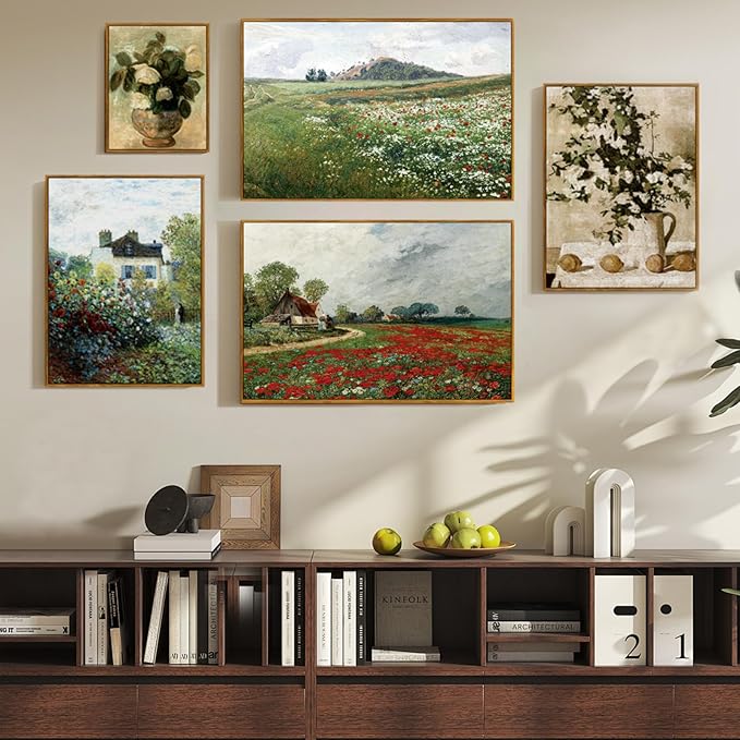 crmotu Vintage Framed Wall Art, Flower Field Farmhouse Landscape Painting, Daisy Floral Canvas Art Prints, Countryside Scenery Retro Wall Decor Living Room Kitchen Bedroom Decor Aesthetic 16x24in