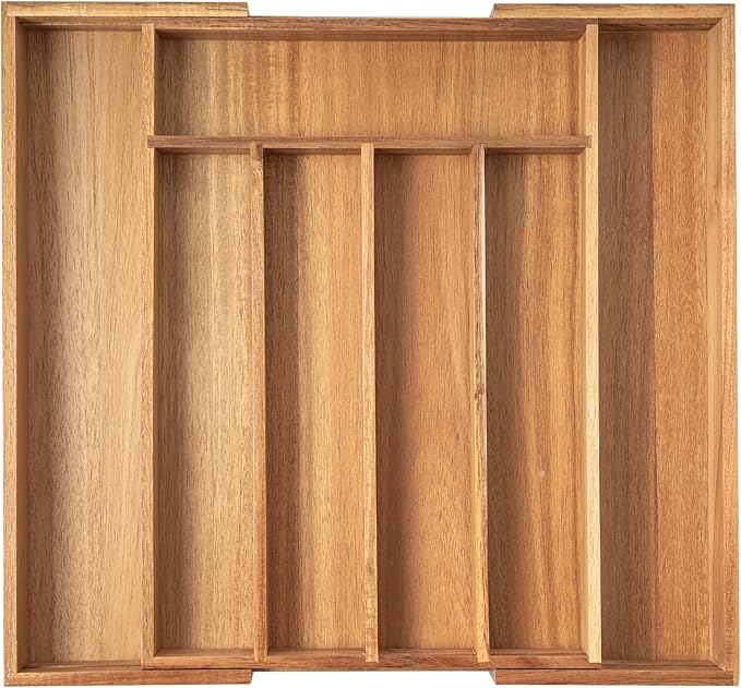 Expandable Utensil Organizer Silverware Organizer for Kitchen Adjustable Utensils Holder Acacia Large Flatware Silverware Cutlery in Drawer (7 Slot, Acacia)