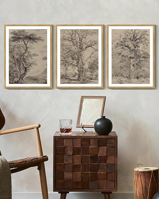 KUVIOKE Boho Vintage Tree Wall Art Framed Neutral Retro Forest Art Prints Antique Rustic Nature Wilderness Paintings Bedroom Hallway Decor 12x16in (Natural Framed)