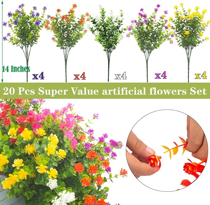 20 Bundles Outdoor Artificial Fake Flowers UV Resistant Boxwood Faux Plastic Plants for Hanging Garden Porch Window Box Outside Decoration(Mix)