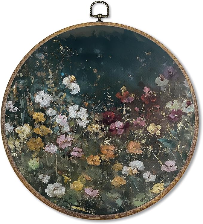 FUGWN Dark Cottagecore Moody Wildflower Round Wall Art Decor Framed, Vintage Flower Botanical Canvas Artwork Prints, Retro Colorful Floral Wall Hanging Decorations for Home Bedroom Room, 10x10 Inch