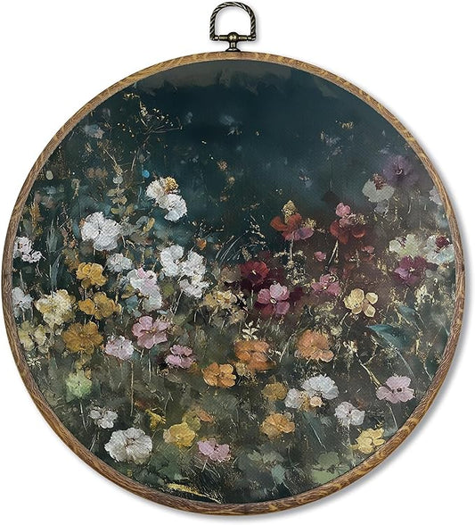 FUGWN Dark Cottagecore Moody Wildflower Round Wall Art Decor Framed, Vintage Flower Botanical Canvas Artwork Prints, Retro Colorful Floral Wall Hanging Decorations for Home Bedroom Room, 10x10 Inch