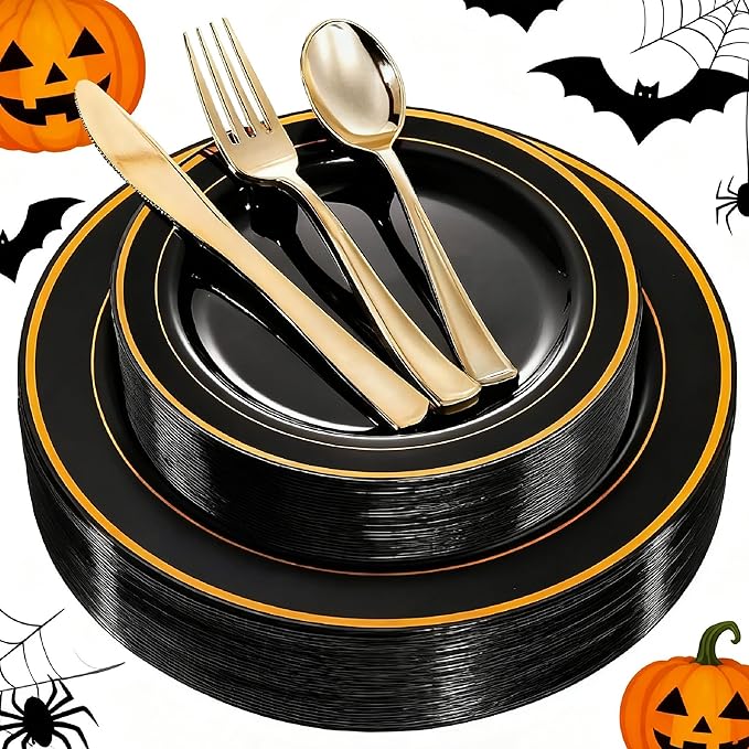 WDF 125Pieces Black Plates Disposable with Gold Rim & Disposable Gold Plastic Silverware for Halloween - 50 Graduation Plates - 25 Forks, 25 Knives, 25 Spoons