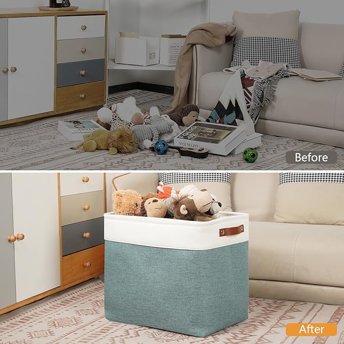 DULLEMELO Large Rectangular Baskets for Blankets 51L Canvas Storage Baskets for Organizing 3 Pack Collapsible Baskets Bins for Organizing Home Office with Handles (White&Deep Green)