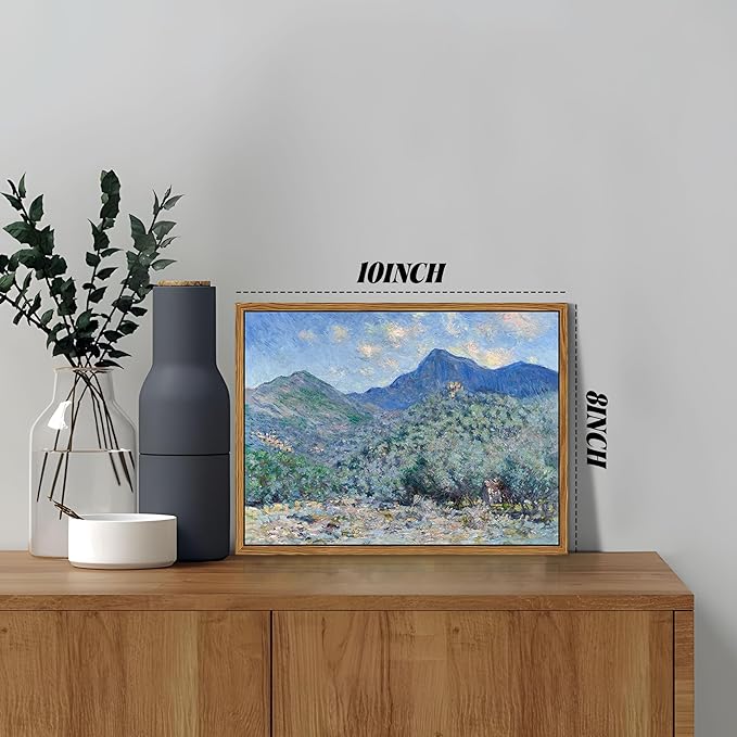 Vintage Framed Monet Wall Art – Impressionist Blue Green Forest Oil Painting Canvas Prints – Tranquil Nature Hillside Landscape Aesthetic Wall Decor for Living Room Bedroom Bathroom – 8"x10"