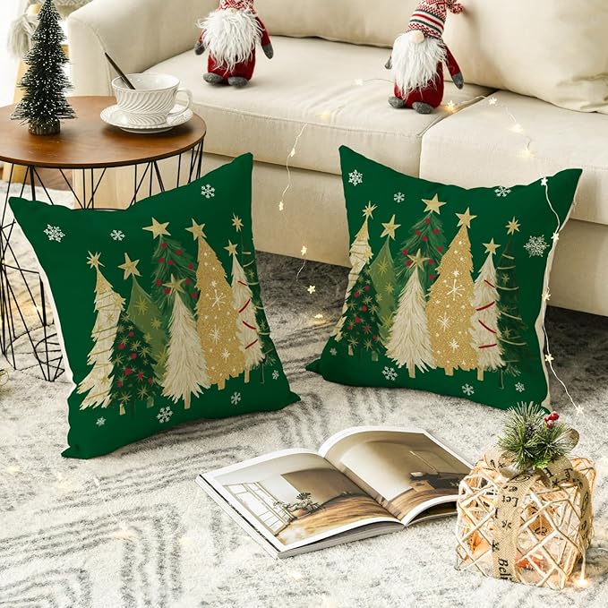 AVOIN colorlife Christmas Trees Star Green Throw Pillow Covers Set of 2, 18 x 18 Inch Snowflake Seasonal Winter Holiday Cushion Case Decoration for Sofa Couch